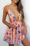 White Sexy Party Solid Color Sequins Lace Up Backless V Neck Sling Dresses