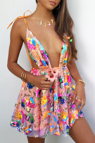 Orange Sexy Party Solid Color Sequins Lace Up Backless V Neck Sling Dresses
