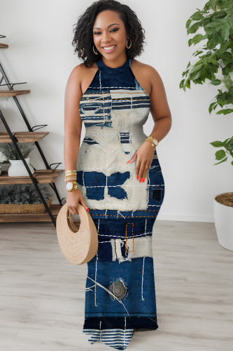 Navy Casual Print Basic O Neck Long Dresses