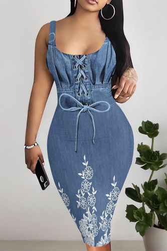 Blue Sexy Street Faux Denim Print Contrast U Neck Printed Dresses