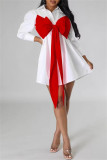 Black Casual Patchwork Buttons Bow Decor Belted Contrast Turndown Collar Shirt Dresses