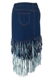Deep Blue Casual Solid Color Fringed Trim A Line Plus Size High Waist Denim Skirt