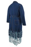 Deep Blue Casual Solid Color Fringed Trim Buttons Turndown Collar Denim Plus Size Dresses
