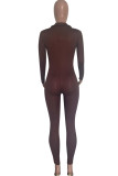 Coffee Casual Solid Color Zipper V Neck Skinny Jumpsuits