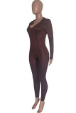 Coffee Casual Solid Color Zipper V Neck Skinny Jumpsuits