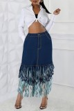 Deep Blue Casual Solid Color Fringed Trim A Line Plus Size High Waist Denim Skirt