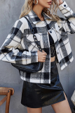 Green Casual Plaid Patchwork Buckle Turndown Collar Outerwear