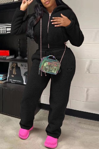 Black Casual Solid Color Zipper Hooded Long Sleeve Two Pieces