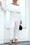 Blue Casual Solid Color Patchwork Off Shoulder Plus Size Jumpsuits