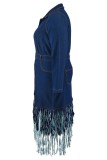 Deep Blue Casual Solid Color Fringed Trim Buttons Turndown Collar Denim Plus Size Dresses