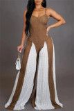 Brown Casual Patchwork Backless Contrast Spaghetti Strap Regular Jumpsuits
