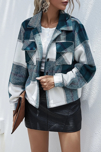 Green Casual Plaid Patchwork Buckle Turndown Collar Outerwear