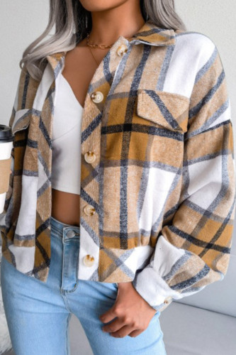 Khaki Casual Plaid Buckle Patchwork Turndown Collar Outerwear