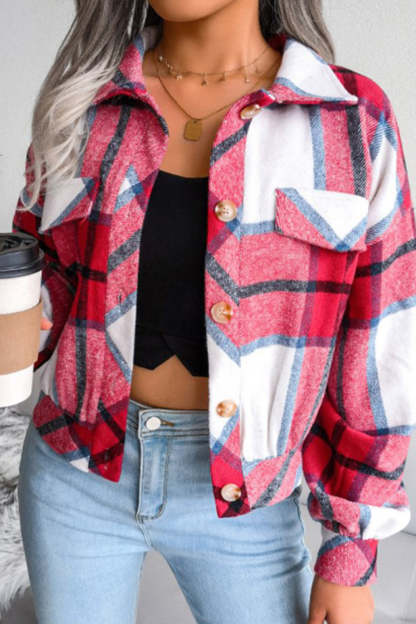 Red Casual Plaid Buckle Patchwork Turndown Collar Outerwear
