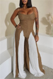 Brown Casual Patchwork Backless Contrast Spaghetti Strap Regular Jumpsuits