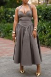 Dark Gray Sexy Hot Solid Color Backless Belted Halter Long Dresses
