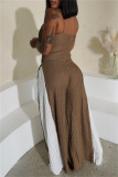 Brown Casual Patchwork Backless Contrast Spaghetti Strap Regular Jumpsuits