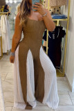 Brown Casual Patchwork Backless Contrast Spaghetti Strap Regular Jumpsuits