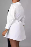 Black Casual Patchwork Buttons Bow Decor Belted Contrast Turndown Collar Shirt Dresses
