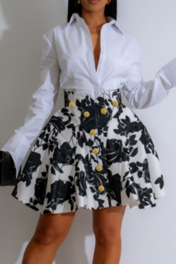 White Casual Floral Print Buttons Shirt Collar Long Sleeve Two Pieces