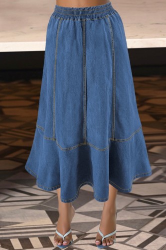 Light Blue Casual Solid Color Basic Plus Size High Waist Denim Skirt