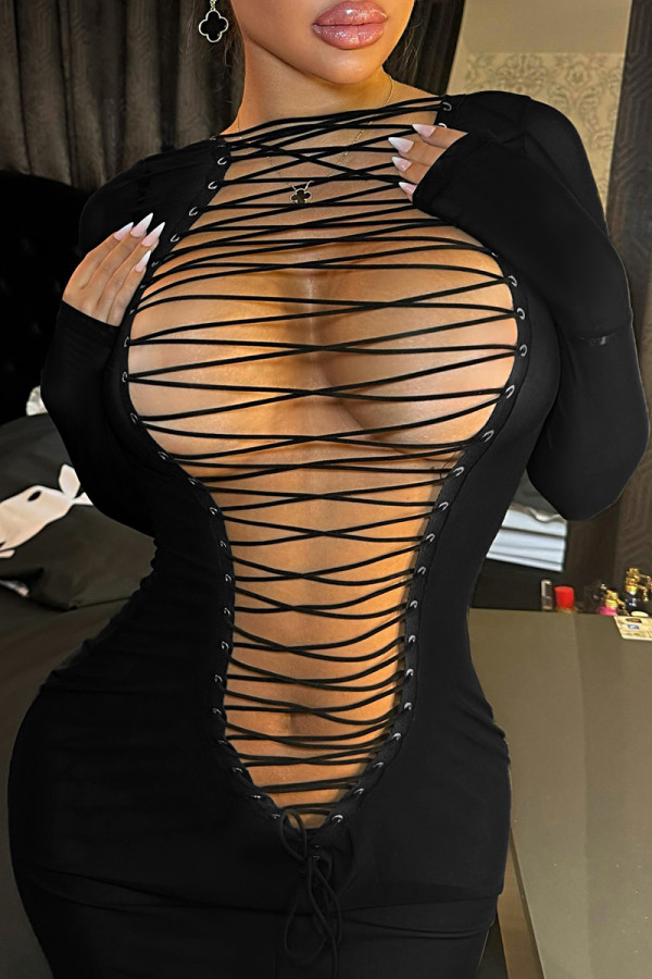 Black Sexy Solid Color Hollow Out Patchwork Cross Straps Asymmetrical Collar Wrapped Skirt Dresses