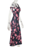 Pink Elegant Print Patchwork Backless Oblique Collar Dresses