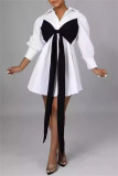 Black Casual Patchwork Buttons Bow Decor Belted Contrast Turndown Collar Shirt Dresses
