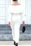 Blue Casual Solid Color Patchwork Off Shoulder Plus Size Jumpsuits
