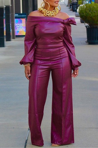 Burgundy Casual Solid Color Patchwork Off Shoulder Long Sleeve Two Pieces