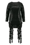 Black Casual Solid Color Fringed Trim Sequins O Neck Long Sleeve Plus Size Dresses