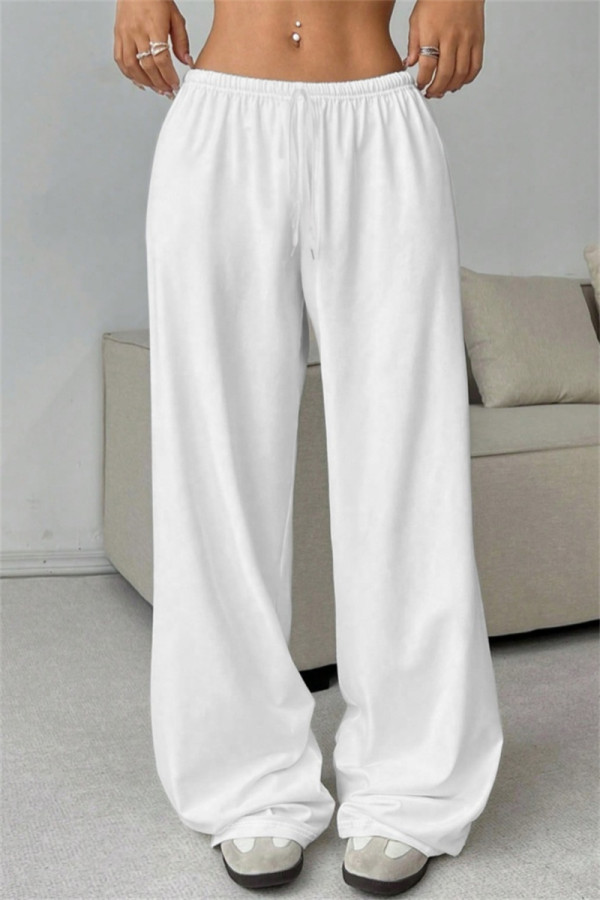 White Casual Solid Color Basic Regular Mid Waist Conventional Solid Color Trousers