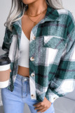 Green Casual Plaid Buckle Patchwork Turndown Collar Outerwear