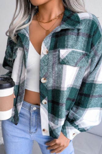 Green Casual Plaid Buckle Patchwork Turndown Collar Outerwear