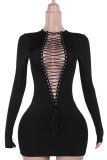 Black Sexy Solid Color Hollow Out Patchwork Cross Straps Asymmetrical Collar Wrapped Skirt Dresses