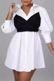 Black Casual Patchwork Buttons Bow Decor Belted Contrast Turndown Collar Shirt Dresses