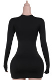 Black Sexy Solid Color Hollow Out Patchwork Cross Straps Asymmetrical Collar Wrapped Skirt Dresses