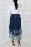 Deep Blue Casual Solid Color Fringed Trim A Line Plus Size High Waist Denim Skirt