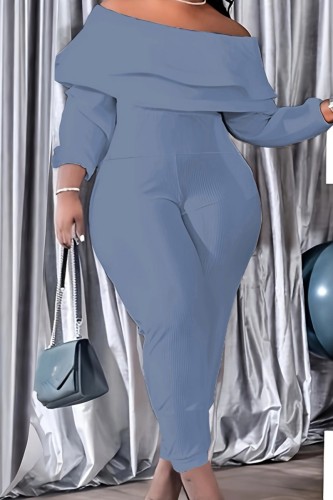Blue Casual Solid Color Patchwork Off Shoulder Plus Size Jumpsuits