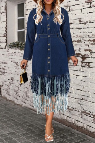 Deep Blue Casual Solid Color Fringed Trim Buttons Turndown Collar Denim Plus Size Dresses