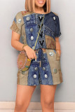 Blue Coffee Casual Street Faux Denim Print Draw String Pocket O Neck Loose Rompers