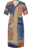 Baby Blue Casual Street Faux Denim Print Pocket V Neck Printed Plus Size Dresses