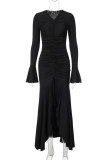 Black Elegant Solid Color Patchwork Ruched V Neck Irregular Dresses