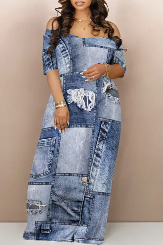 Baby Blue Sexy Street Faux Denim Print Contrast Off Shoulder Printed Dresses
