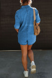 Black Casual Street Solid Pocket Turndown Collar Loose Rompers