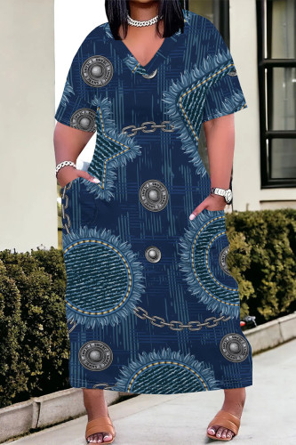 Blue Casual Street Faux Denim Print Pocket V Neck Printed Plus Size Dresses