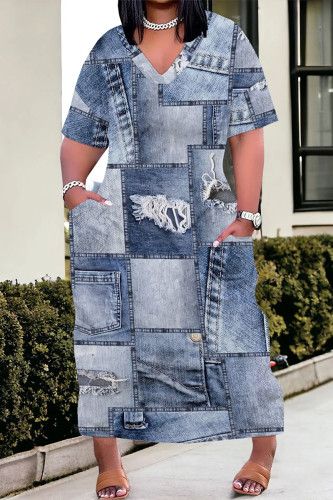 Baby Blue Casual Street Faux Denim Print Pocket V Neck Printed Plus Size Dresses