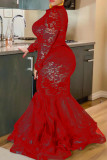 Red Sexy Solid Color Lace Patchwork Mesh Zipper O Neck Long Plus Size Dresses