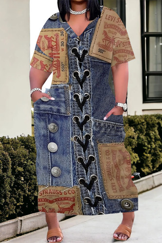 Dark Blue Casual Street Faux Denim Print Pocket V Neck Printed Plus Size Dresses