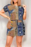 Blue Coffee Casual Street Faux Denim Print Draw String Pocket O Neck Loose Rompers